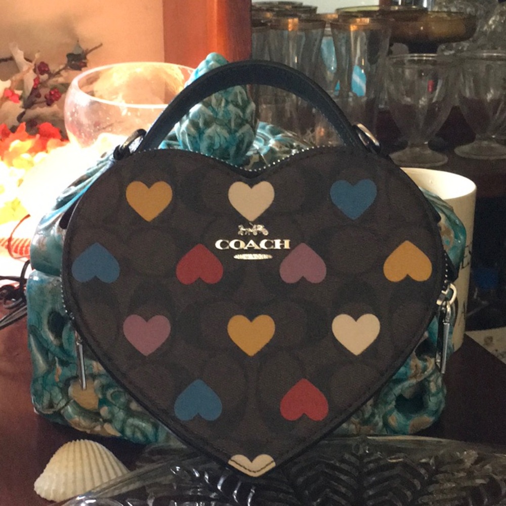Coach Crossbody Heart Bag with Multicolor Heart Patterns Heart❤️💙🤎